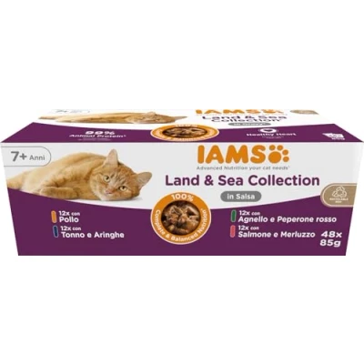 Immagine di IAMS cibo umido per gatti Senior Land and Sea Collection Multipack con varietà di carne e pesce in salsa, anziani dai 7 anni, 48 x 85 g