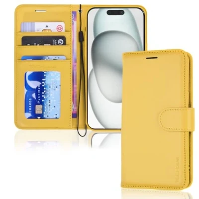 Immagine di TECHGEAR Custodia a Portafoglio in Pelle per iPhone 15 Plus, Protettiva Flip con Porta Carte Portafoglio, Supporto e Cinturino da Polso PU Gialla Chiusura Magnetica Progettat