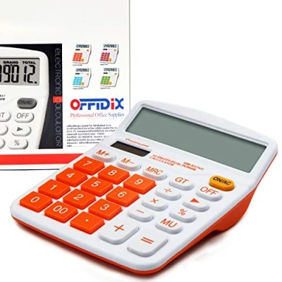 Immagine di OFFIDIX Calcolatrice Da Tavolo Desktop, Calcolatore Elettronico A Doppia Alimentazione Energia Solare E Batteria Grande Visualizzazione LCD 12 Cifre Portatile Arancia