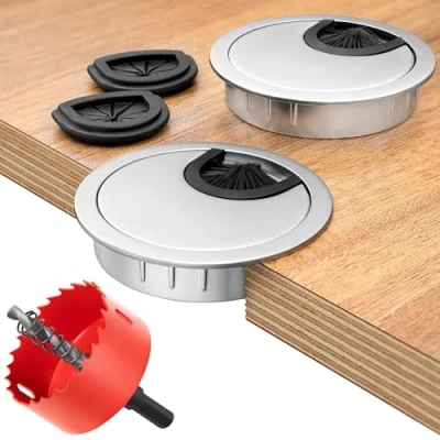 Immagine di BRUCE.® Premium Passacavi scrivania [2 Pezzi] con Sega a Tazza Tappo Per ø 60 mm Passacavo incl. 2 x passaggi in gomma più ordine sulla del posto di lavoro