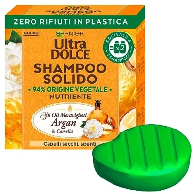 Immagine di Garnier Ultra Dolce Shampoo Solido Nutriente con Oli Meravigliosi Argan e Camelia per Capelli Secchi Spenti Ingredienti 94% di Origine Vegetale Saponetta da 60g + Porta