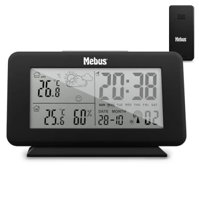 Immagine di MEBUS digitale Funk Wetterstation mit Außensensor, Thermometer innen/aussen, Temperatur, batteriebetrieben, Wettervorhersage, Farbe: Schwarz, Modell: 40689
