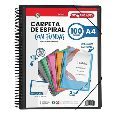 Immagine di Starplast Cartella buste Spirale Flessibile 100 trasparenti, A4, chiusura elastica, copertina in polipropilene, personalizzabile, per uso scolastico e ufficio Nero