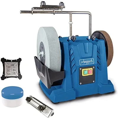 Immagine di Scheppach TIGER 7000S Affilatrice ad acqua, motore a induzione 200 W, pietra per affilare in corindone superiore, 250x50 mm, grana: 220, dispositivo universale incluso, pasta abrasiva, dima angolare
