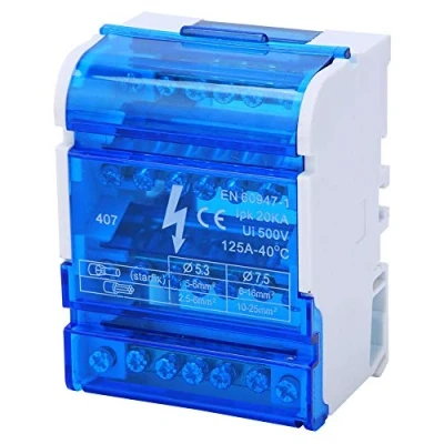 Immagine di Morsettiere, scatola di giunzione a 4 livelli 407 distribuzione morsetti 125A 500V ingressi 24 uscite guida DIN con coperchio trasparente