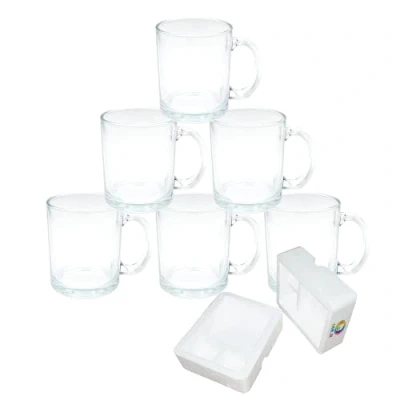 Immagine di MR.R Set di 6 tazze da caffè in vetro trasparente per sublimazione 325 ml, con manico, trasferimento termico e rivestimento