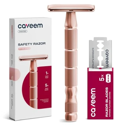 Immagine di CAVEEM Double Edge Safety Razor, rasoi a lama singola con 5 lamette di sicurezza in acciaio inossidabile per uomo e donna, rasoio metallo riutilizzabile Oro rosa