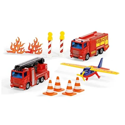 Immagine di siku 6330, Set regalo vigili del fuoco, Camion con piattaforma aerea di salvataggio, Autopompa, Aereo, Parti mobili, Incl. tralicci, Cortecce e Fiamme