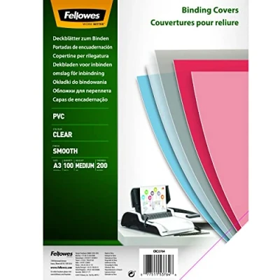 Immagine di Fellowes 53764 Copertine per Rilegatura in PVC Trasparente, Formato A3, 200 Micron, Confezione da 100 Pezzi