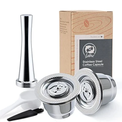 Immagine di Capsule riutilizzabili Nespresso in acciaio inox, 2 cialde ricaricabili per macchine originali + 1 manomissione cucchiaio pennello