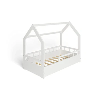 Immagine di MS FACTORY Letto Casetta in Massello 70x140cm con Telaio a Doghe per Bambini Singolo Sponda Anticaduta Stile Scandinavo Nordico Montessori Mezze Barriere Bianche