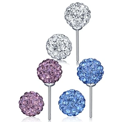 Immagine di Infinite U, 3 paia di orecchini in argento Sterling 925, 8 mm, con strass a forma sfere, bianchi, viola, blu, set bottone per donna/ragazza