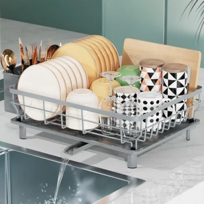 Immagine di LIONONLY scolapiatti salvaspazio per bancone della cucina, con beccuccio di scarico girevole a 360, multifunzione scolapiatti, porta utensili, organizer da bianco