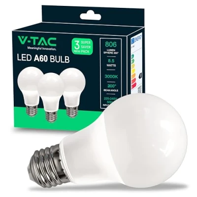 Immagine di V TAC 3x Lampadine LED con Attacco E27 8,5W (Equivalenti a 60W) A60 806 Lumen Nuova Generazione 3000K Luce Bianca Calda (Box 3 pezzi)