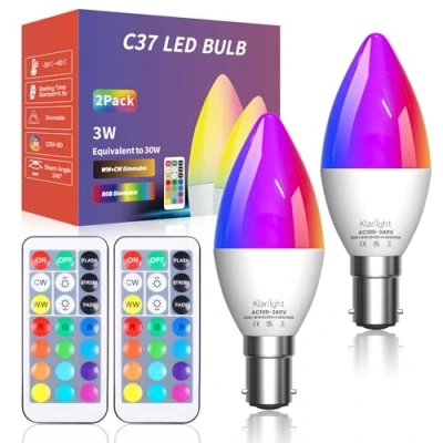 Immagine di Klarlight Lampadina LED Che Cambia Colore B15 3W RGB con Telecomando Dimmerabile C37, 30W Equivalente, Funzione Memoria e Timing