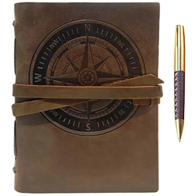 Immagine di Quaderno Appunti in Pelle Bussola Nautica A5 Diario di Viaggio Taccuino Donna e Uomo Fatto a Mano Agenda con Fogli Bianchi 21 x 15 cm (8&quot; 6&quot;) Idee per Regali Originali