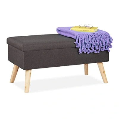 Immagine di relaxdays Pouf Panca con Contenitore, Panchetta Imbottita Moderna, Gambe in Legno, Stoffa HLP 39 x 77 cm, Grigio Scuro, Poliestere, gommapiuma, 1 pz