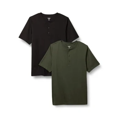 Immagine di Amazon Essentials Serafino a Maniche Corte in Cotone dalla vestibilità Standard Uomo, Pacco da 2, Nero/Verde Oliva Scuro, S