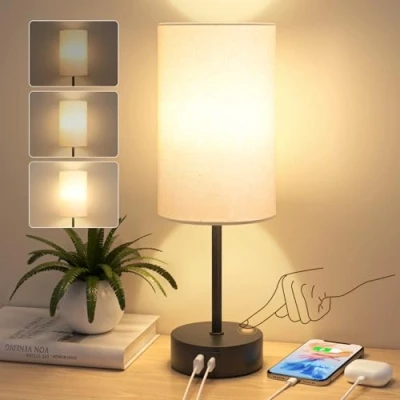 Immagine di STANBOW Lampada da Comodino Dimmerabile al Tocco, Tavolo con Porte di Ricarica USB A+C, Paralume in Lino, Abat Jour per Camera Letto, Soggiorno, Cameretta Bambini
