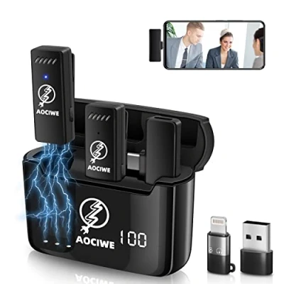 Immagine di AOCIWE Microfono Wireless Lavalier 2 Trasmettitori E 1 Ricevitore, Custodia Di Ricarica Per Display Digitale, Youtube Zoom Altre Registrazioni Video Live