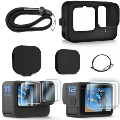Immagine di FiTSTILL Custodia in silicone per Go Pro Hero 12/Hero 11/Hero 10/Hero 9 Black, copriobiettivi, protezioni schermo e cordino 12/11/10/9, kit di accessori neri