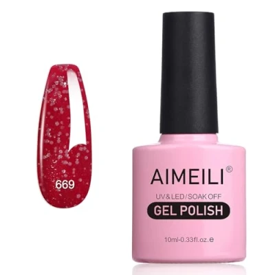Immagine di AIMEILI Smalto Semipermanente in Gel UV LED per Unghie Kit Smalti Semipermanenti Soak off Colori Manicure Glitter Rosso Natalizio (669) 10ml