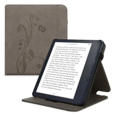 Immagine di kwmobile Custodia verticale compatibile con Kobo Libra Colour in pelle nabuk sintetica fascia mano e leggìo Standing Cover Reader Flip Case Viticci grigio