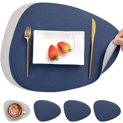 Immagine di Myir JUN Tovagliette in Pelle e Sottobicchieri, Set Americana Plastica Lavabili Bifacciale Non scivolose Impermeabile Triangolari (Set di 4, Grigio Blu)