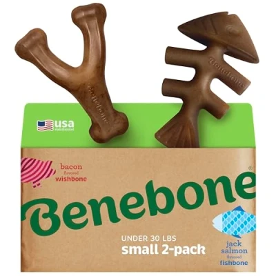Immagine di Benebone Confezione da 2 giocattoli indistruttibili masticare per cani, a lisca di pesce/osso pesce, resistenti e lunga durata, vero salmone sapore pancetta, cani