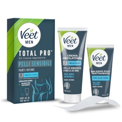 Immagine di Veet Men Kit Depilazione Intima per Pelli Sensibili, Crema Depilatoria Uomo Parti Intime, Dermatologicamente Testata, Efficace Dopo 5 minuti, 100 ml e Balsamo Post 50