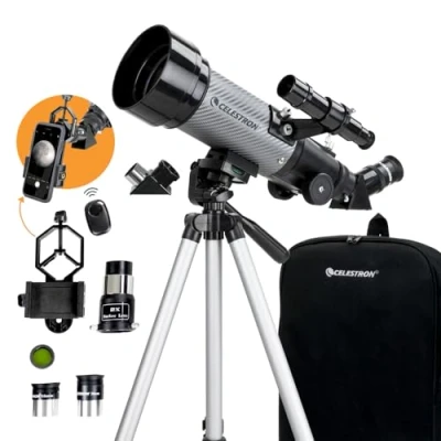 Immagine di Celestron 22035 Travel Scope DX 70mm Telescopio rifrattore portatile con ottica in vetro completamente rivestita, zaino, pacchetto software di astronomia e adattatore smartphone per digiscopia