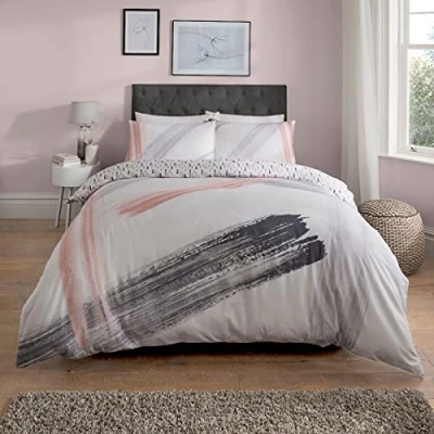 Immagine di Sleepdown Set di biancheria da letto reversibile con copripiumino e federe, motivo astratto, colore: bianco, rosa cipria, antracite, morbido, facile pulire, king size (230 x 220 cm), in