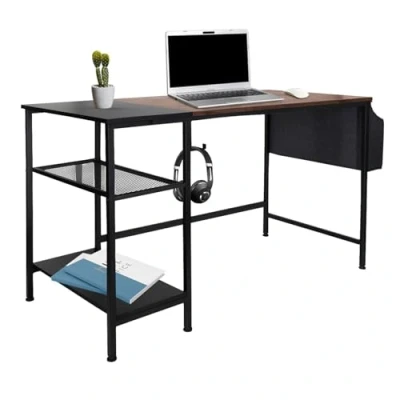 Immagine di HJH Office 830059 Scrivania con ripiano e gancio WORKSPACE H I 120 x 60 cm, colore: Nero/Marrone