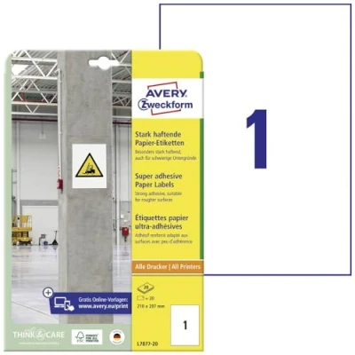 Immagine di Avery Zweckform L7877 20 Etichetta super resistente 210 x 297 mm Carta Bianco pz. a tenuta permanente, forte Stampante getto dinchiostro,
