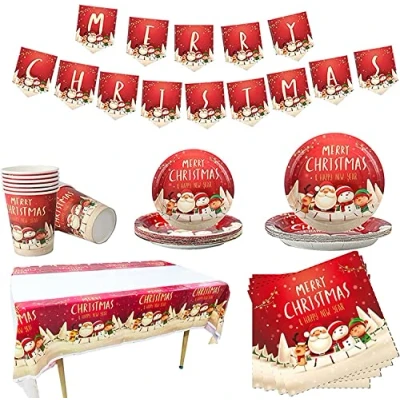Immagine di KAHEIGN 118 Pezzi Stoviglie per Feste di Natale, 1 x Tovaglia, Striscione, 20 Tovaglioli, 16 Tazze, Piatti da 7 Pollici e 8,6 Pollici, Riutilizzabili Coltello, Forchetta &amp; Cucchiaio