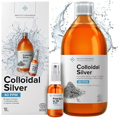 Immagine di Argento Colloidale Premium 40 PPM 1000 ml Formula a Concentrazione Ottimale, Particelle più Piccole, Risultati Migliori Certificato da Laboratorio Flacone Spray Riempire ed Ebook Gratuiti