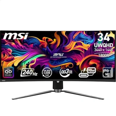 Immagine di MSI MPG 341CQPX QD OLED Monitor Curvo Gaming 34&quot; (UWQHD) Pannello 3440 x 1440 (21:9), 240Hz / 0,03ms, 99,3% DCI P3, ΔE≤2, DisplayHDR True Black 400, DP 1.4a, HDMI, USB Type C (PD: 98W)