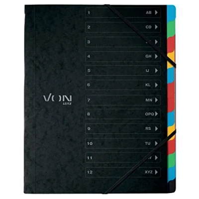 Immagine di VON Leitz 30150095 Confezione da 5 cartelline A4 con 12 scomparti, di Leitz, linguette colorate in plastica, vassoio portadocumenti cartone leggero, chiusura elastica, colore: nero