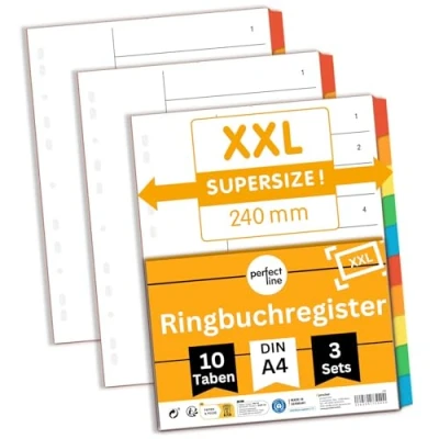 Immagine di perfect line XXL Divisori raccoglitori ad anelli DIN A4, 10 pezzi, set da 3, cartoncino, separatori raccoglitore A4 MADE IN GERMANY