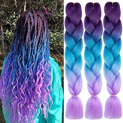 Immagine di 3 pezzi Extension per capelli enormi intrecciati Jumbo, 24inch Ombre Trecce sintetiche di scatola africane ad alta temperatura (viola scuro blu lago viola chiaro)