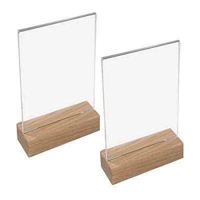 Immagine di HMF 46940 Espositore da Tavolo in Acrilico con Base Legno 2 Pezzi DIN A6 Verticale Trasparente