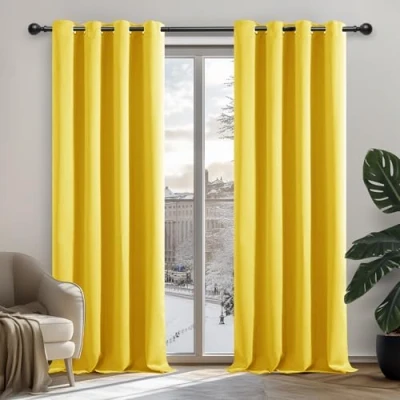 Immagine di Deconovo Tende per Interni Oscuranti 2 Pezzi 229 CM Altezza, Camera da Letto Coprente Moderne con Occhielli, 107x229 (Larghezza x Altezza), Giallo