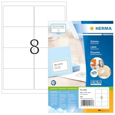 Immagine di HERMA Etichette per Indirizzi, 99,1 x 67,7 mm, Adesive A4 Stampante, 8 Foglio, Bianco