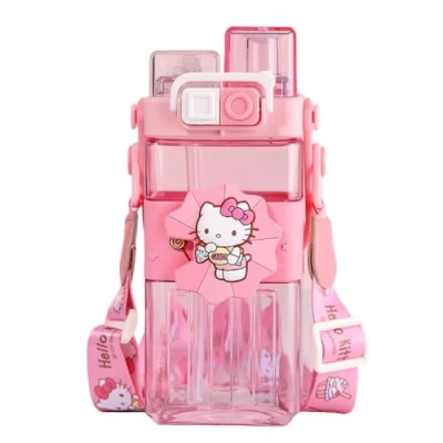Immagine di FASHION YO Stitch Borraccia riutilizzabile per bambini, 570 ml, in polipropilene, con due coperchi, a prova di perdite, coperchio cannuccia, senza BPA (gatto bianco porte bere)