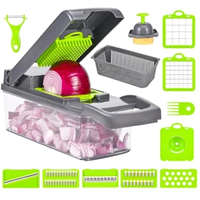 Immagine di Taglia Verdure Multifunzione 16 in 1, Tagliaverdure Manuale, Affetta Cubetti con 7 Lame Diverse per Aglio, Cavolo, Carote, Patate, Pomodori