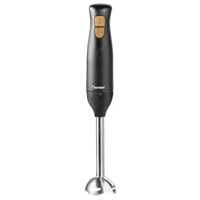 Immagine di Bestron frullatore a immersione, ad immersione con 2 livelli di velocità e impugnatura ergonomica, funzione turbo superiore 14.000/rpm, acciaio inox, colore: nero/legno