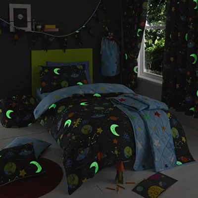 Immagine di Happy Linen Company, Set réversible en exemplaire Unique pour Ragazze et Ragazzi Alien Adventure Outer Space, Bleu Marine