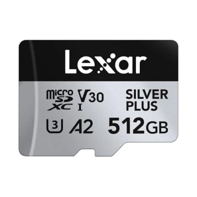 Immagine di Lexar Silver Plus Micro SD Card 512 GB, velocità di lettura fino a 205 MB/s, scrittura 150 scheda memoria con adattatore SD, UHS I, A2, U3, V30, classe 10, 4K UHD