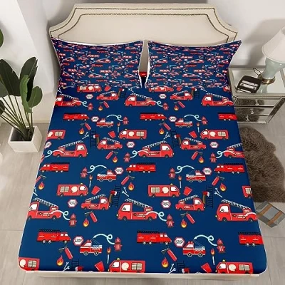 Immagine di set di biancheria da letto per ragazzi con camion dei pompieri e pompieri, lenzuola, colore rosso blu, tasca profonda, decorazione singolo