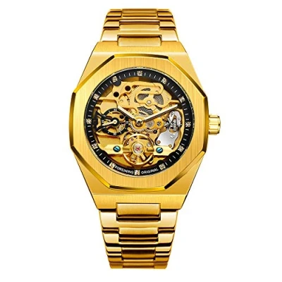 Immagine di BOLYTE Tourbillon Design Orologio da polso uomo analogico automatico in acciaio inossidabile, Oro Nero